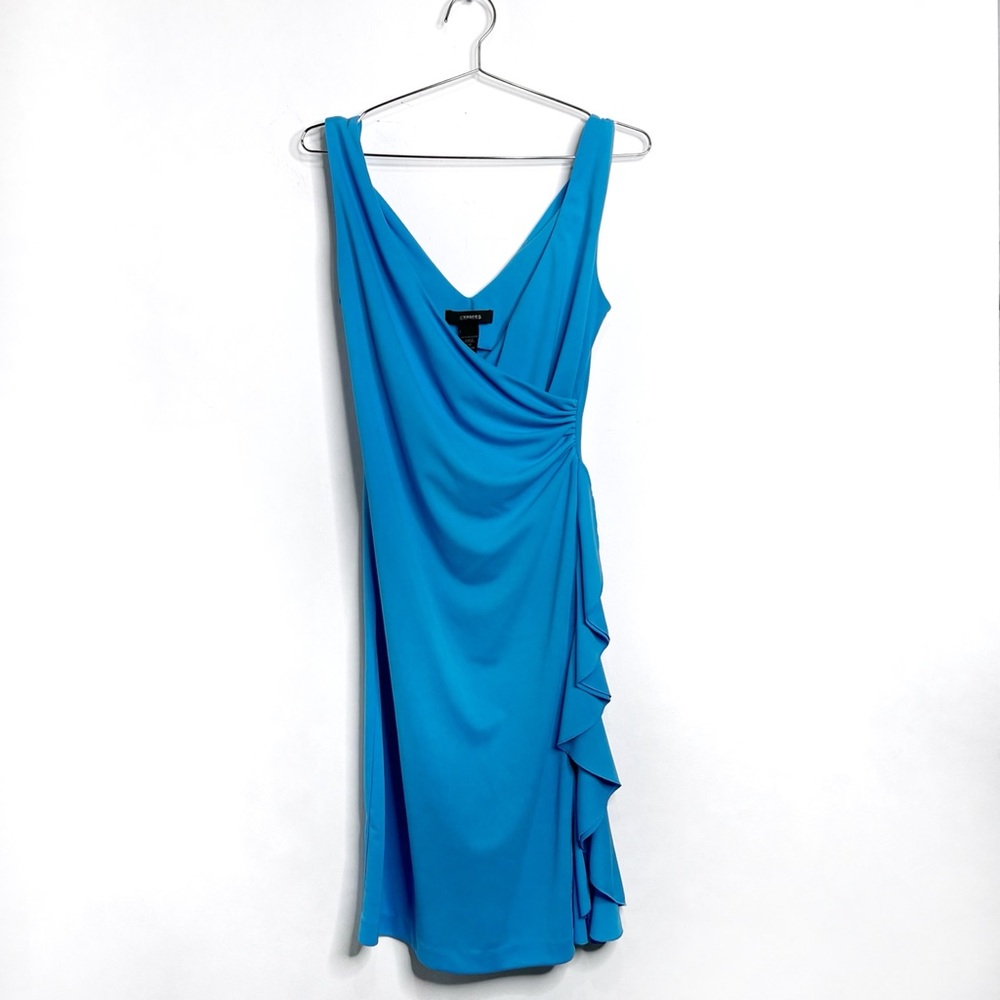 Express Vintage Y2K Asymmetrical Ruffle Slit Dress Size Small 5/6 Cerulean Blue
